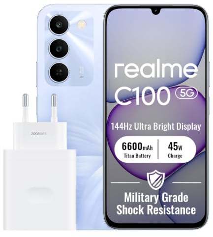 realme C100 5G Smartphone 4+128GB, Purple | Batteria 6600mAh, Ricarica Ultra Rapida 45W, Display LCD 6,8 pollici, 144Hz, Fotocamera AI 50MP, MediaTek Dimensity 6300,IP64