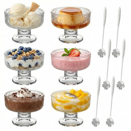 6 Pack Glass Dessert Bowls, Ice Cream Bowls, Prawn Cocktail Glasses Sunflower Pattern Sundae Glasses with 6 Long-Handled Cherry Blossom Spoons for Trifle Salad Yogurt Cake Bowl for Home Party Wedding