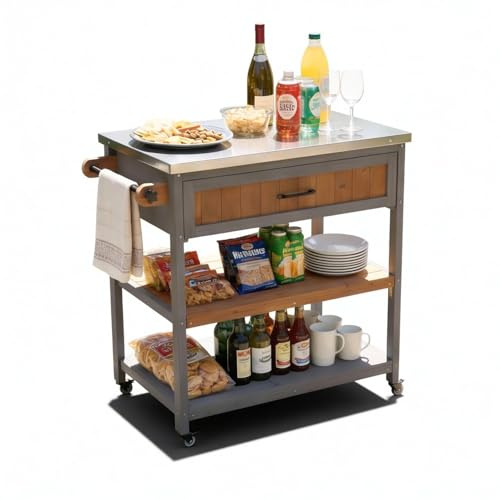 Coemo Servierwagen mit Rollen James Küchenwagen, 82x53x92 cm, Farbe Grau | Kücheninsel mit Türen, Handtuchhalter, Raumwunder, Küchenschrank Rollwagen, Vielseitig Einsetzbar, ideal als Servierwagen