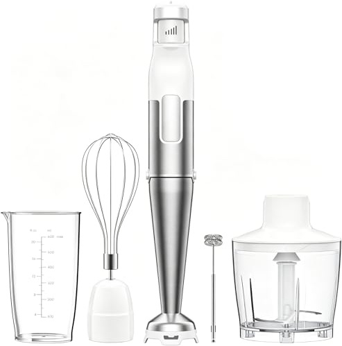BESROY Batidora de Mano 5 en 1 1100W, Batidora Eléctrica con Velocidad Regulable, Acabado en Acero Inoxidable, con Picadora, Espumador de Leche, Varilla y Vaso Medidor, Ideal para Smoothies, Salsa
