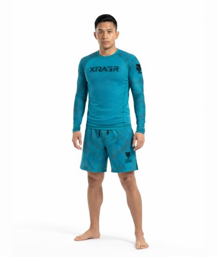 X RAGE MMA Rash Guard & Fight Shorts Set – 2-Piece of Teal Colour Compression Training Suit – Lightweight Breathable No-Gi BJJ, Grappling, Boxing & Martial Arts Activewear for Unisex