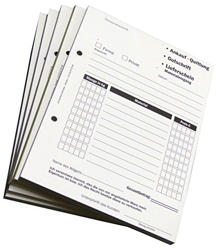 4x Ankaufquittung - Gutschrift - Materialeingang DIN A5, 1-fach NICHT durchschreibend,100 Blatt weiß Offset 80g/m² - gelocht (22609)
