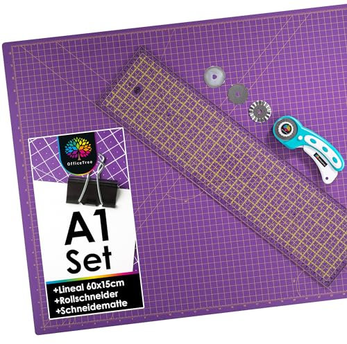 OfficeTree Schneidematte Set A1 90x60 + Rollschneider + Patchwork Lineal 60x15 cm - Schneidematte A1 Selbstheilend - Schneiderlineal Schneiderunterlage und Rollschneider Set - Schneidunterlage nähen