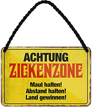 Achtung Zickenzone Blechschild - lustiges Hängeschild mit witzigen Spruch - Metallschild mit Kordel und Saugnapf - Wanddeko Türdeko für Teenager Kinderzimmer Jugendzimmer - Warnschild - 18x12cm