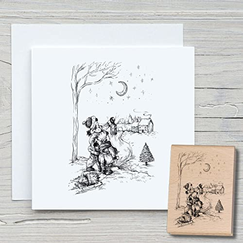 NEWSTAMPS Stempel Freunde mit Schlitten Motivstempel aus Holz & Gummi zum Karten und Geschenke basteln, Holzstempel für Weihnachten, Weihnachtskarte, Winter, Scrapbook, Textilstempel, Deko, Freunde