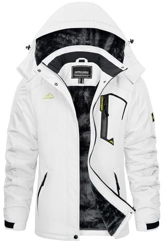 KEFITEVD Skijacke Damen Winddicht Warm Funktionsjacke mit Zip Taschen Fleece Thermojacke Warm Softshelljacke für Snowboarden Weiß L
