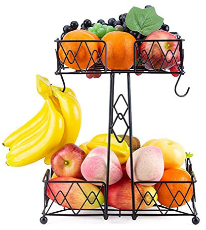 JUNYFFF Frutero De 2 Pisos, Cesta De Frutas Metálica para Mostrador Y Organizador Cocina, Cesta para Verduras Y Frutas - Negro,A