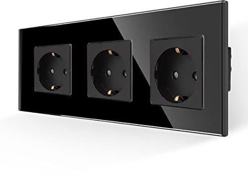 JIMEIDA Steckdose Dreifach in Schwarz, 16Amp Glas Schuko Steckdosen Unterputz Schutzkontakt Wandsteckdose- 228 * 86mm, 250V, 3 Fach