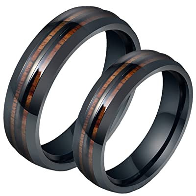 Gualiy Freundschaftsringe Edelstahl Paar mit Gravur, Eheringe Partnerringe Trauringe 6mm Schwarz Ring Eingelegt Holz Größe Damen 62 (19.7) + Herren 67 (21.3)