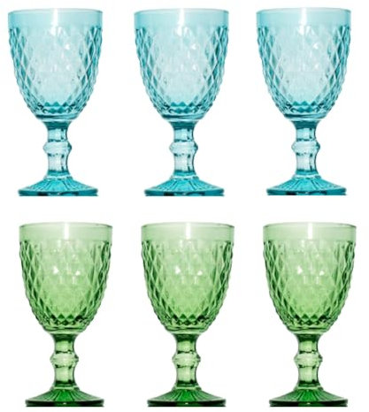 Solycarpa Juego De 6 Copas De Color a Elegir de Cristal. Modelo Transparente para Fiesta, Boda o Bautizo Original y Resistente (3 Unidades Verde + 3 Azul Claro). Ideal para Vino, Cava o Agua.