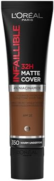 L'Oréal Paris Infaillible 32H Matte Cover Foundation 350, langanhaltendes flüssig-Make-up mit warmem Unterton, hohe Deckkraft, Formel mit 4% Niacinamiden, wasser- und wischfest, 1 x 30ml