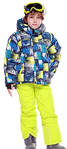 SXSHUN Combinaison de Ski Garçon Fille Combinaison de Neige à Capuche 2 Pièces Ensemble de Ski (Veste + Pantalon de Ski) Imperméable Costume de Neige pour Enfant, 6 Ans-7 Ans