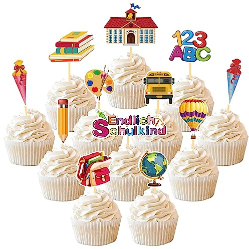 24 Stück Schulanfang Tortendeko, Schuleinführung deko Cupcake Topper | Endlich Schulkind Tortendeko Einschulung, Einschulung deko mädchen für Schulkind 2023 deko Schulanfang Party Dekoration