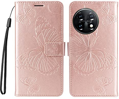 JZ 3D Schmetterling Fall Für One Plus 11 2023/1+11 Protective Kickstand Phone Case Cover Mit Kartenschlitzen [Magnetisch -Wrist Strap] -Rose Gold