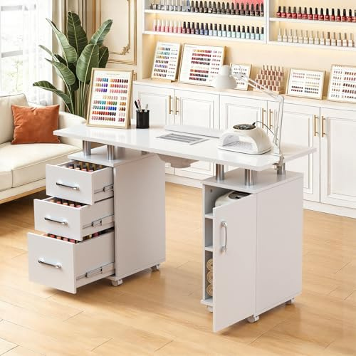 BTGGG Professional Manicure Nail Table Salon Nail Desk with Built-in Nail Dust Collector & Nail Arm Rest Manicure Desk on Wheels (White)
