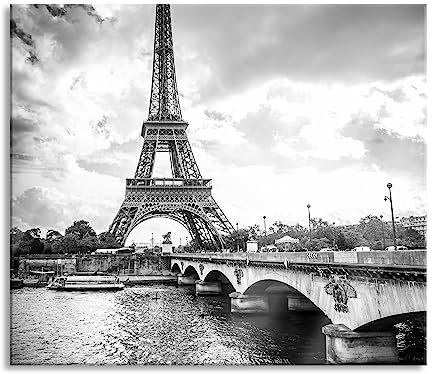 Tour Eiffel à Paris Art B&W Plaque de recouvrement de cuisinière et protection anti-éclaboussures en verre véritable | Pour plaques de cuisson | 60 x 52 cm