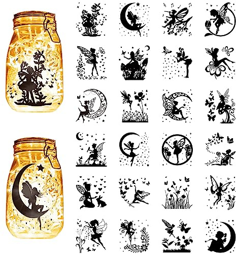 CREATCABIN 24 Stück Feen-Silhouetten,Einmachglas,Laterne,Laserausschnitte,Kunststoff,Sammelalbum,Verzierung Für Glas,Autos,Dekor,DIY,Handwerk,Geschenke,Schwarz,10x9cm