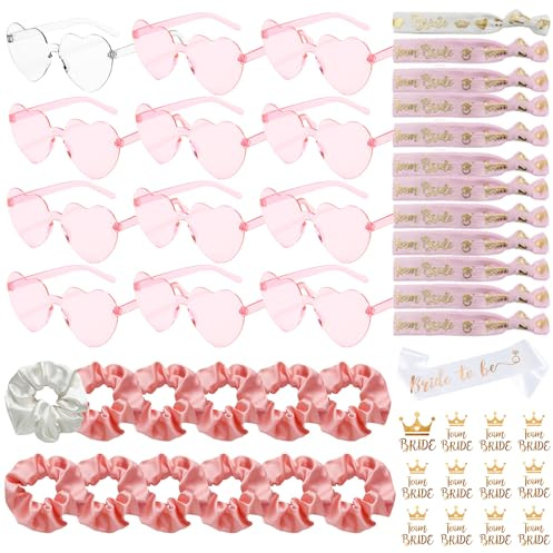 YeahBoom 49 Stück JGA Brille Team Braut Armbänder,Bride to Be Herz Brille Set,12Herz Sonnenbrille+12Bride Tattoo Aufkleber+12Bride Armband,Jungesellinnenabschied Frau Accessoires,JGA Deko Accessoires