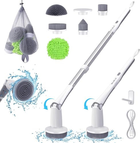 BIUBLE Brosse de nettoyage électrique rotative sans fil 600 tr/min avec 5 têtes de brosse interchangeables pour salle de bain, cuisine, carrelage