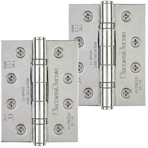 Decoranddecor Polished Chrome Door Hinges 4 Inch Fire Rated 2 Hinges | Polished Chrome Hinges for Internal Doors, Heavy Duty Fire Door Hinges, Ball Bearing Butt Hinge, 4 Inch Grade 11