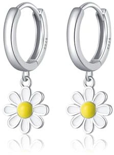 SLUYNZ 925 Sterling Silver Flower Hoop Earrings for Women Teens Hoop Earrings Huggie Daisy Earrings Drop