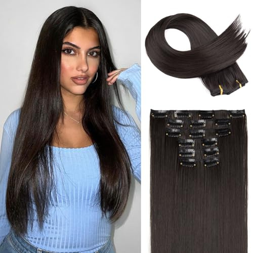 FLUFYMOOZ 6PC Clip in Hair Extensions, 6-teiliges Clip-in-Haarverlängerungsset, 61 cm, glatt, lang, Extensions für Frauen, synthetisches Haarteil (Schwarzbraun)