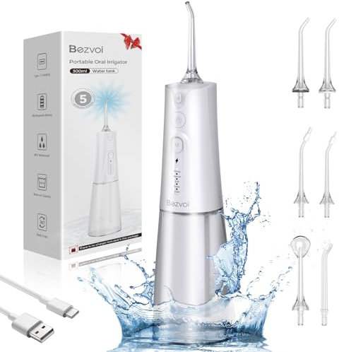 Bezvoi Hydropulseur Dentaire Jet: Irrigateur buccal avec 5 modes, réservoir d'eau de 300 ml, nettoyeur de dents électrique étanche IPX7, avec 6 embouts pour gencives appareils dentaires orthodonti