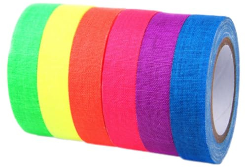 Baobiutin Glow In The Dark Tape, Fluorescent Cloth Tape, Coloured Adhesive Neon Gaffer/Spike/Fabric/Luminous Tapes Matte 6 Colors, Uv Blacklight Reactive Glow In The Dark Tape for Party Glow Tape