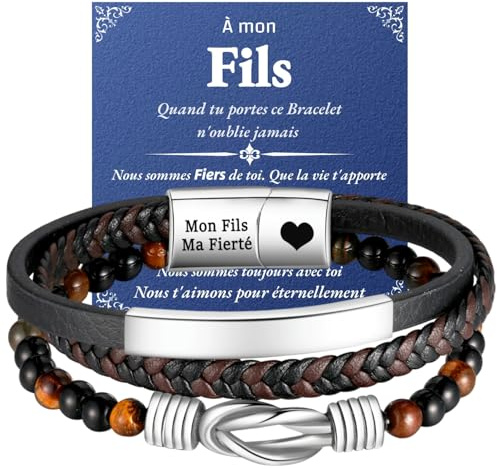 Jbniuay Fils bracelet - Bracelets pour mon fils - Cadeau ado garçon,Bracelet en cuir tressé en acier inoxydable avec aimant en cuir en forme d'œil de tigre, Bracelet pour mon fils