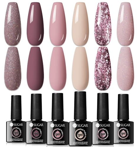 UR SUGAR UV Nagellack Nude Set, 6 Farben Nudefarben Glitzer Rosa Dunkelrosa Hellrosa Gel Nagellack, Gellack Soak-Off UV Nudetöne für Anfänger DIY Nail Art Maniküre