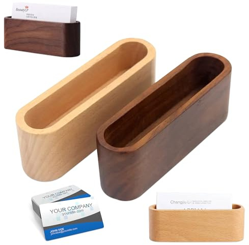 Carlso 2 Stück Visitenkartenhalter aus Holz, Visitenkartenständer, Ständer, Desktop, Visitenkarte, Organizer, Bürozubehör, Display, (Braun+Holzfarbe) (Buche, 10 Stück)