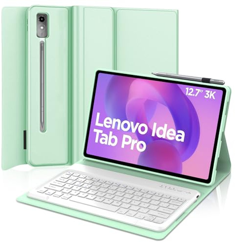 Funda Teclado para Lenovo Idea Tab Pro 12.7 Pulgadas 2025 TB-373FU/375FC | Case Keyboard Bluetooth Magnético Recargable, QWERTY Español Ñ, Capa Desmontable con portalápices, Verde claro