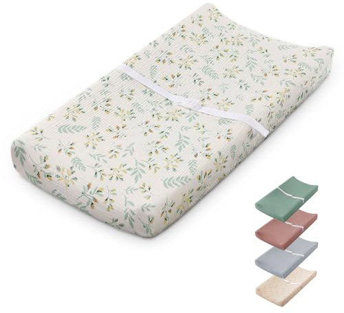 Blissful dagbok muslin baby skötdyna med vattentätt foderskum, skötbord dyna med skydd för byråer (Monstera, rektangulär)