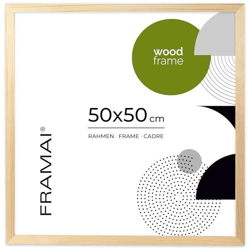 FRAMAI Bilderrahmen 50x50 cm, Natürlich, Natur Holz Rahmen, Echtholz Bilderrahmen, Rahmen mit Bruchsicheren Plexiglas, Aufhänger und Aufsteller