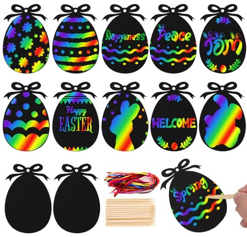 COLOFALLA 48 Stücke Ostern Kratzbilder Ostern Kinder Basteln Regenbogen für Kinder Kratzpapier Oster Deko mit Stäbchen und Band Oster DIY Ostern Hängendeko (11 x 7.5cm)