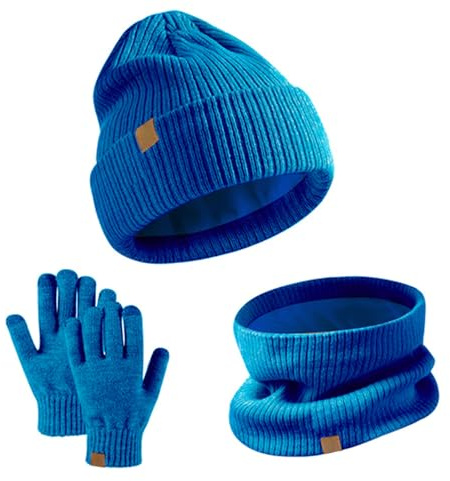 SSKHE Lot de 3 bonnets, écharpes, gants d'hiver chauds et thermiques en tricot pour enfants de 5 à 12 ans - Moufles tactiles - Doublure en polaire douce - Élastique - Pour sports de plein air