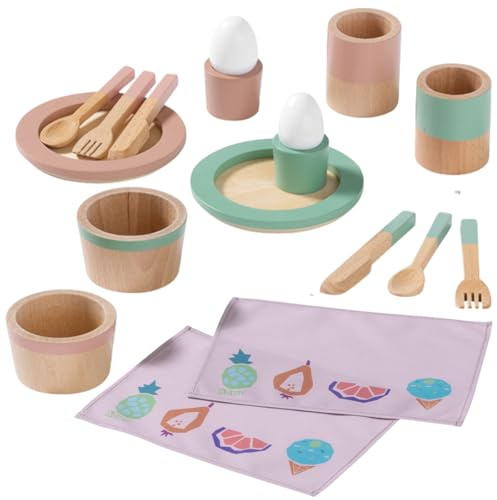 howa Spielzeug Geschirr Set aus Holz 18 teilig - Kinderküche Geschirr - Inklusive 2 Platzdeckchen, 2 Teller, 2 Tassen, 2 Eierbecher und Eier, 2 Schüsseln und Besteck 4897