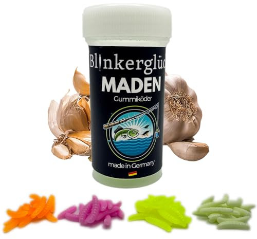 Blinkerglück Angeln Kunstköder-Maden 2cm – 50 Stück in praktischer Kunststoffdose mit Knoblaucharoma (Bubblegum (UV-Aktiv))