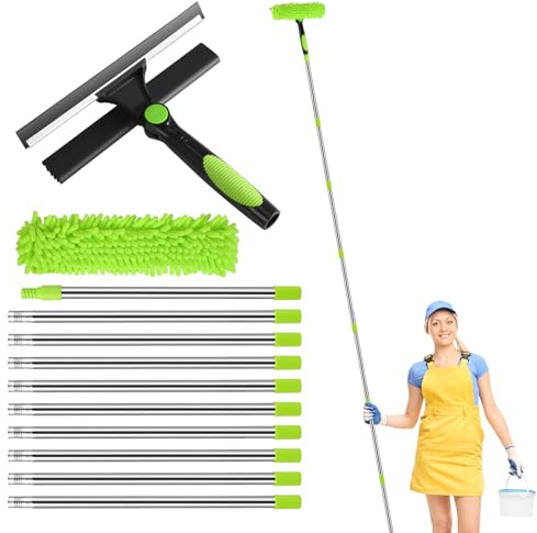 4M Fensterreiniger mit Langem Griff, 2-in-1 Fensterreiniger Set mit 10 Verlängerungsstangen, Profi Fensterreinigungsset Glaswischer für Innen & Außen, Glas, Hochfenster, Wand, Dusche Reinigung