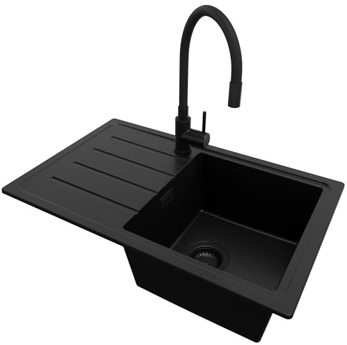 PRIMAGRAN Lavandino da Cucina al Mobile 45cm + Rubinetto, 70x44cm | Set: Rubinetto BW6020 + Kit di scarico + Lavello in Granito a 1 Vasca - Copenhagen Easy, Tutto Nero