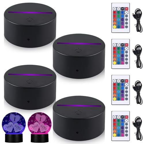 Lot de 4 lampes de nuit LED 3D, socle LED avec télécommande et câble USB, 7 couleurs, socle lumineux 3D réglable pour verre acrylique, lampe illusion lampe de décoration pour chambre d'enfant, chambre