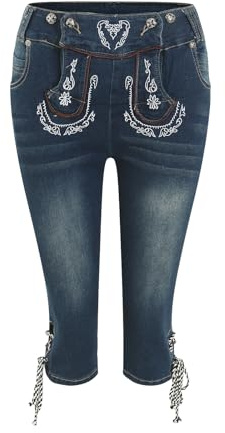 Trachtenjeans Damen Trachten Damen Kniebund Jeans 3/4 Trachtenhose Capri Hose Trachten Stretch Shorts Kniebund Hose für Oktoberfest andere Festlichkeiten Bequeme Passform Dank Stretch Einsatz