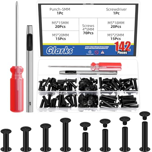 Glarks 70 Set Viti Chicago M5 x 15/18/20/25 mm Nero, Include 70 Viti di Rilegatura Chicago, 1 Punzone, 1 Cacciavite, Viti a Pressione con Bottone Chicago e Rivetti