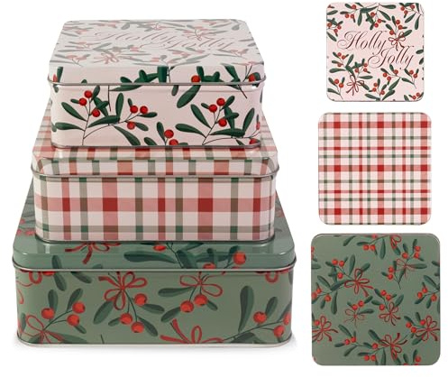Steel Mill & Co Tin Containers with Lids, 3 Pack Christmas Cookie Tins, Festive Cookie Tins for Gift Giving & Holiday Treats, Square Metal Nesting Containers (Holly Jolly)