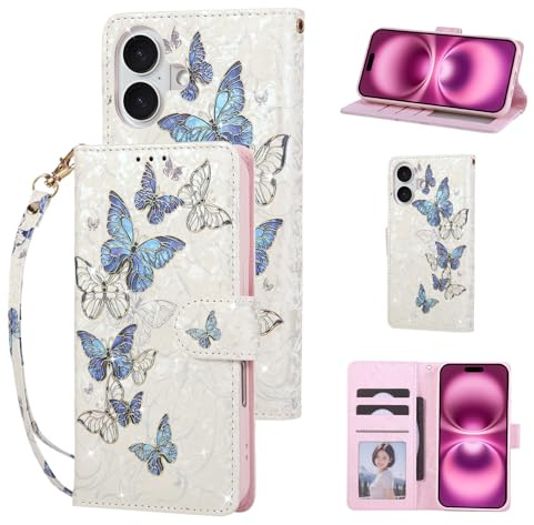 UEEBAI Wallet Case for iPhone 17, PU Leather Phone Cover Kickstand RFID Blocking Flip Case Card Slots Wrist Strap Relief Engraved Pattern Magnetic Closure Folio Cover - Blue Butterfly