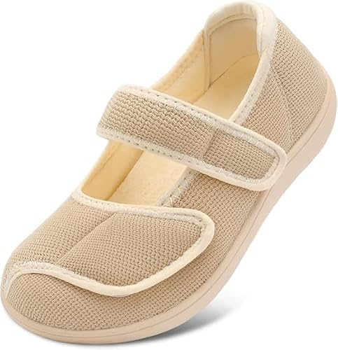 JIASUQI Womens Slippers Extra Wide Width Diabetic Shoes Adjustable House Shoes Indoor Outdoor Slipper for Edema Swollen Arthritis Elderly(Beige 38,Size 5)
