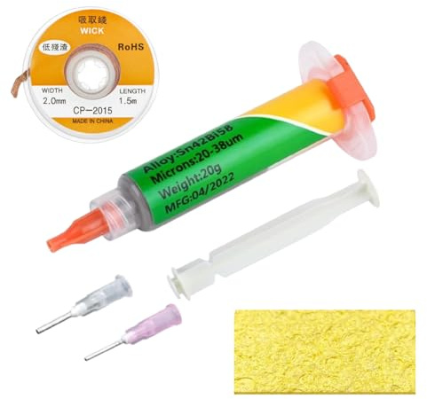 Pasta de Soldadura Sn42Bi58 20g para Electrónica – Flux Profesional No-Clean para Soldar SMD/PCB/Componentes – Incluye Malla Desoldadora 2mmx1,5m y Esponja – Flujo de Soldar Preciso y de Alta Fluidez