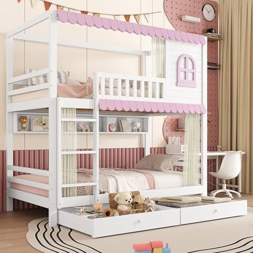 Litera con cortinas y ventanas, cama doble con barrera anticaídas y barandilla, escalera y estantes abiertos, dos cajones con ruedas, marco de cama de madera maciza estable