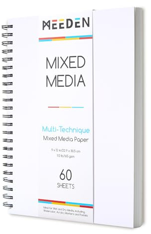 MEEDEN Bloc de papier pour supports mixtes : 22,9 x 30,5 cm, 50,8 kg/165 g/m², carnet de croquis à spirales avec couverture DIY – 60 feuilles de bloc de dessin pour supports humides et secs aquarelle
