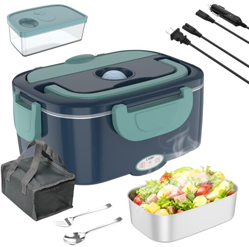 Fiambrera Eléctrica Calentadora 2 en 1 12V/24V/110V/220V, Fiambrera eléctrica, 1,5L 60W Acero Inoxidable Calentamiento Rápido Recipiente, con tenedor, para oficina, escuela, viaje, con bolsa
